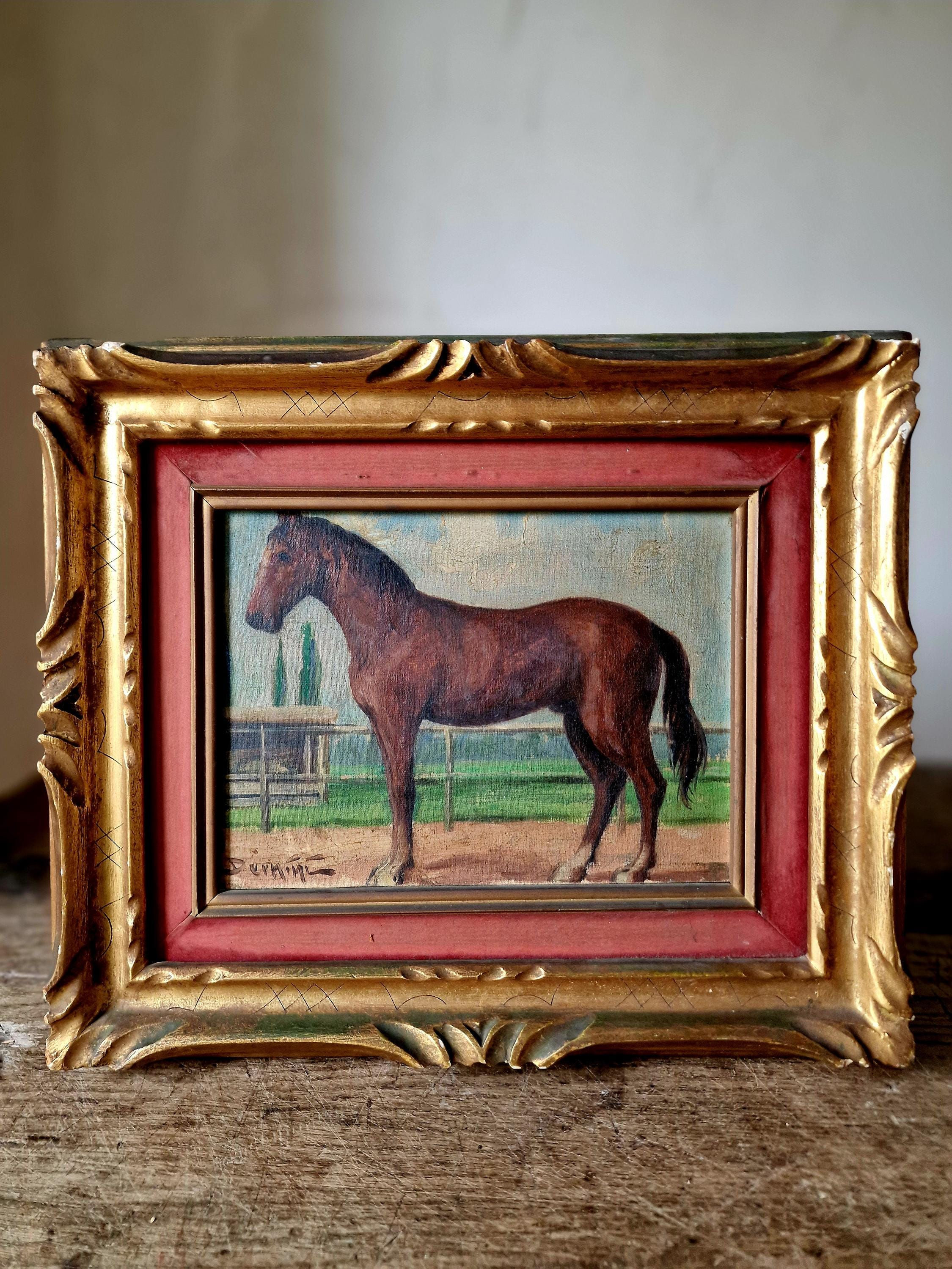 Vintage Italian Horse Oil Painting in Gilt Frame. Equestrian Art. Signed.