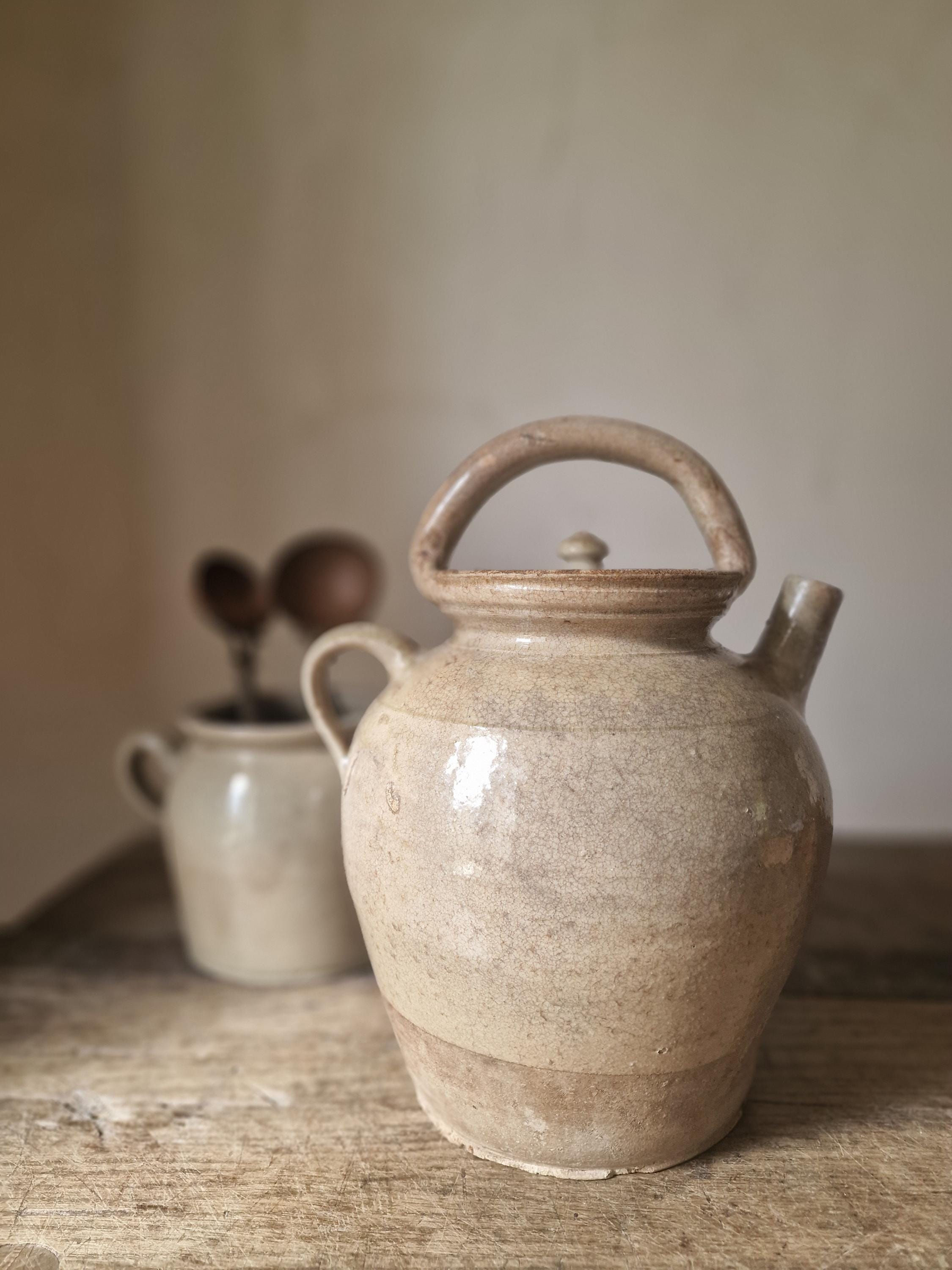 Large Antique French Terracotta Water Jug. Rustic Terracotta Farmhouse Pitcher.