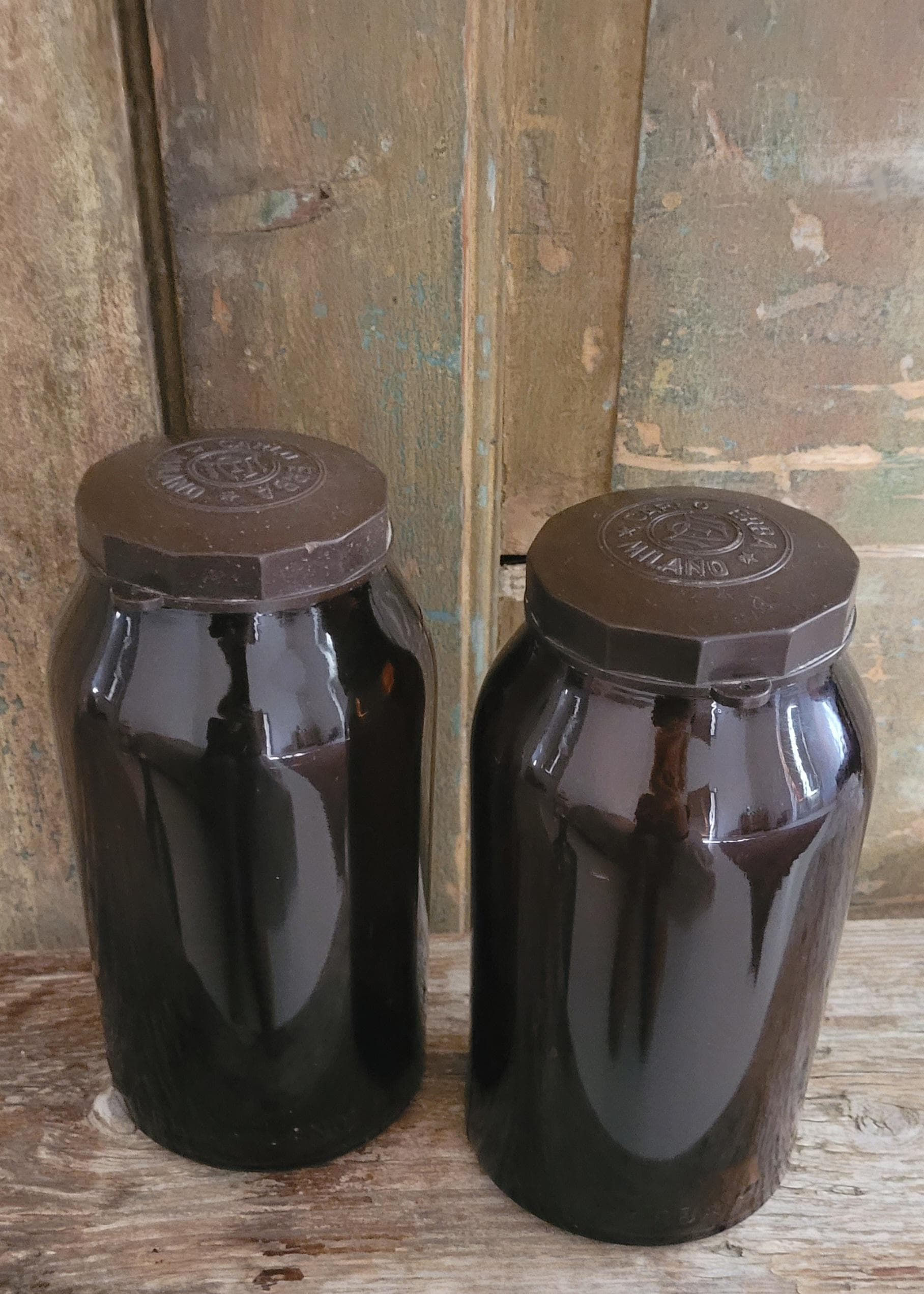 Pair of Vintage Glass Italian Pharamcy Bottles. Carlo Erba Milano. 1950s.