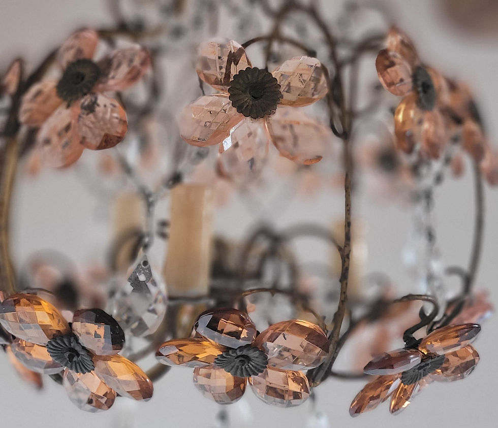 Thumbnail: SOLD Vintage French Amber Peach Crystal Flower Chandelier - 1940s