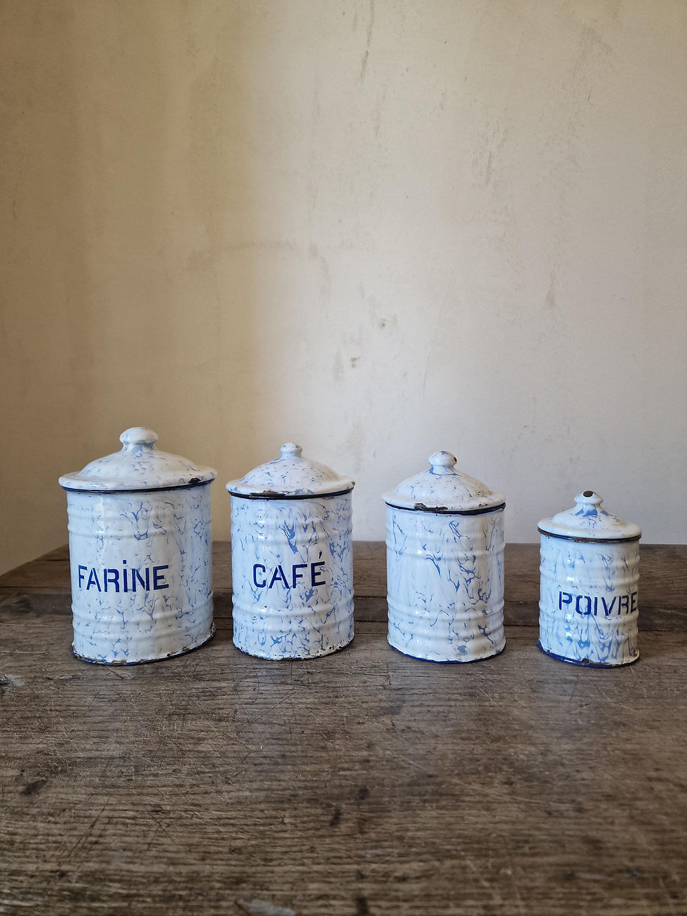 Thumbnail: Set of 4 Vintage French Enamel Canisters with Lids