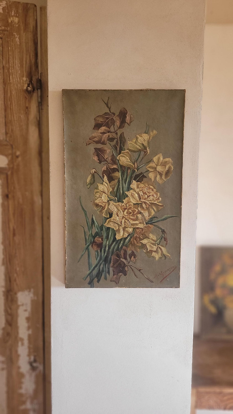 Thumbnail: SOLD Antique French Daffodils Oil Painting: Signed Floral Still Life