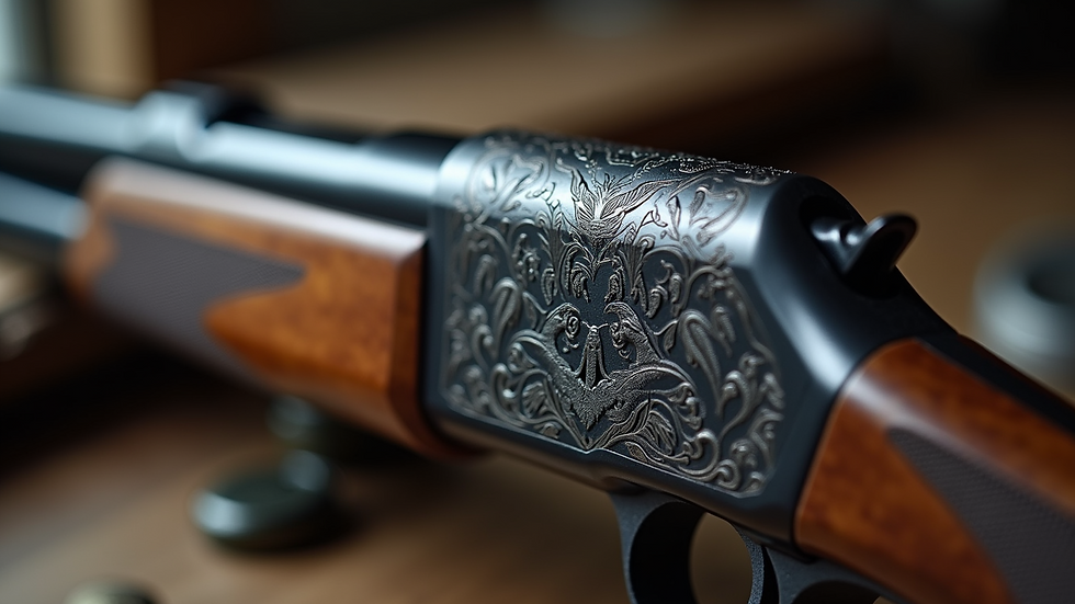 close-up view of custom engraved firearm at Black Duck Armory