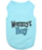 Blue Mommy’s Boy dog shirt front view soft cotton pet t-shirt embroidered dog apparel