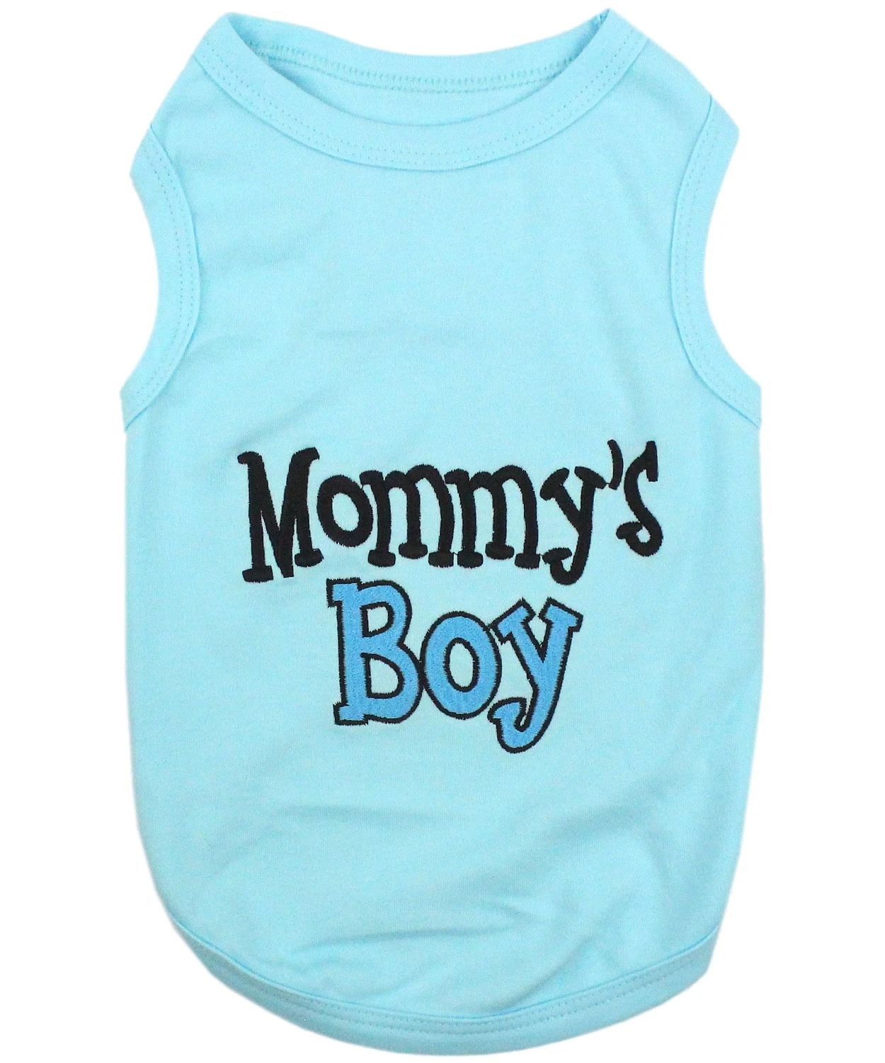 Blue Mommy’s Boy dog shirt front view soft cotton pet t-shirt embroidered dog apparel