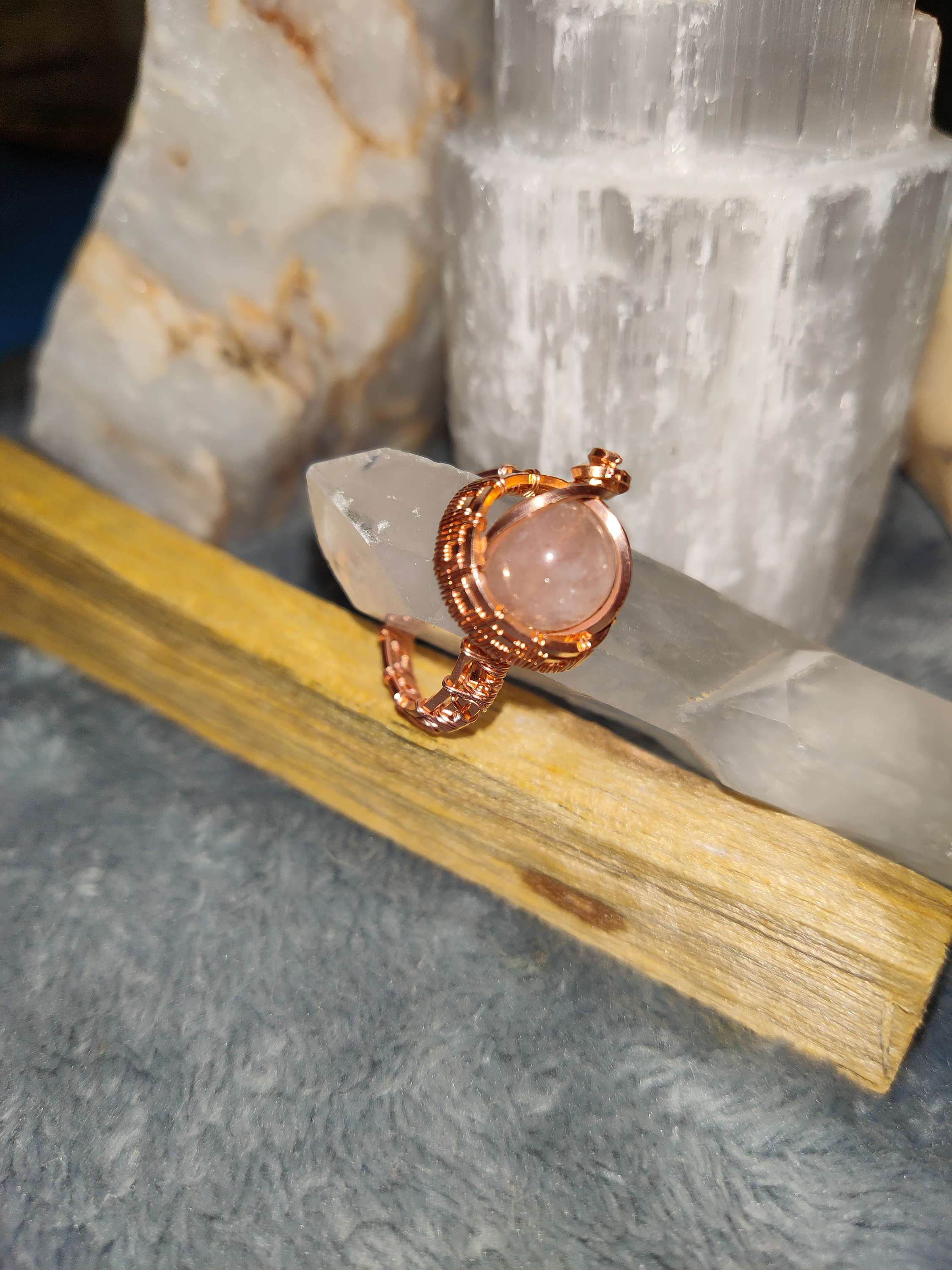 Copper charged healing Rose Quartz ring size 7.5