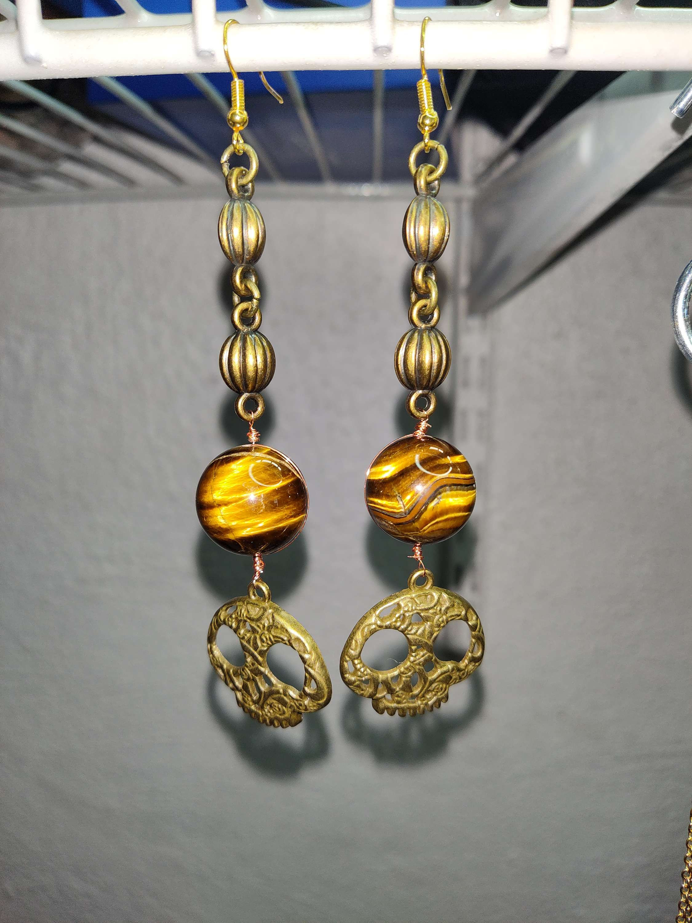 Healing Tiger's eye skull earrings