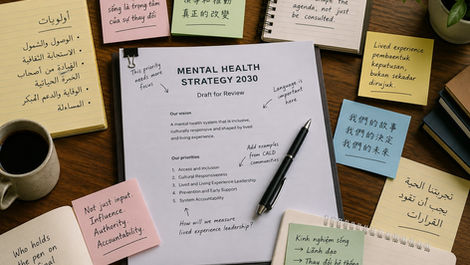 Draft mental health strategy with multilingual notes and a pen, representing co-design, lived experience leadership, multicultural engagement, governance, and shared decision-making.