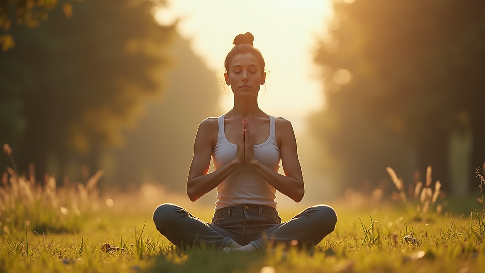 Eye-level view of a person practicing deep breathing outdoors