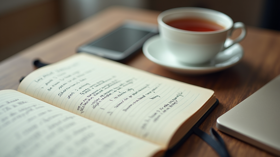 Close-up view of a notebook with handwritten goals and a cup of tea