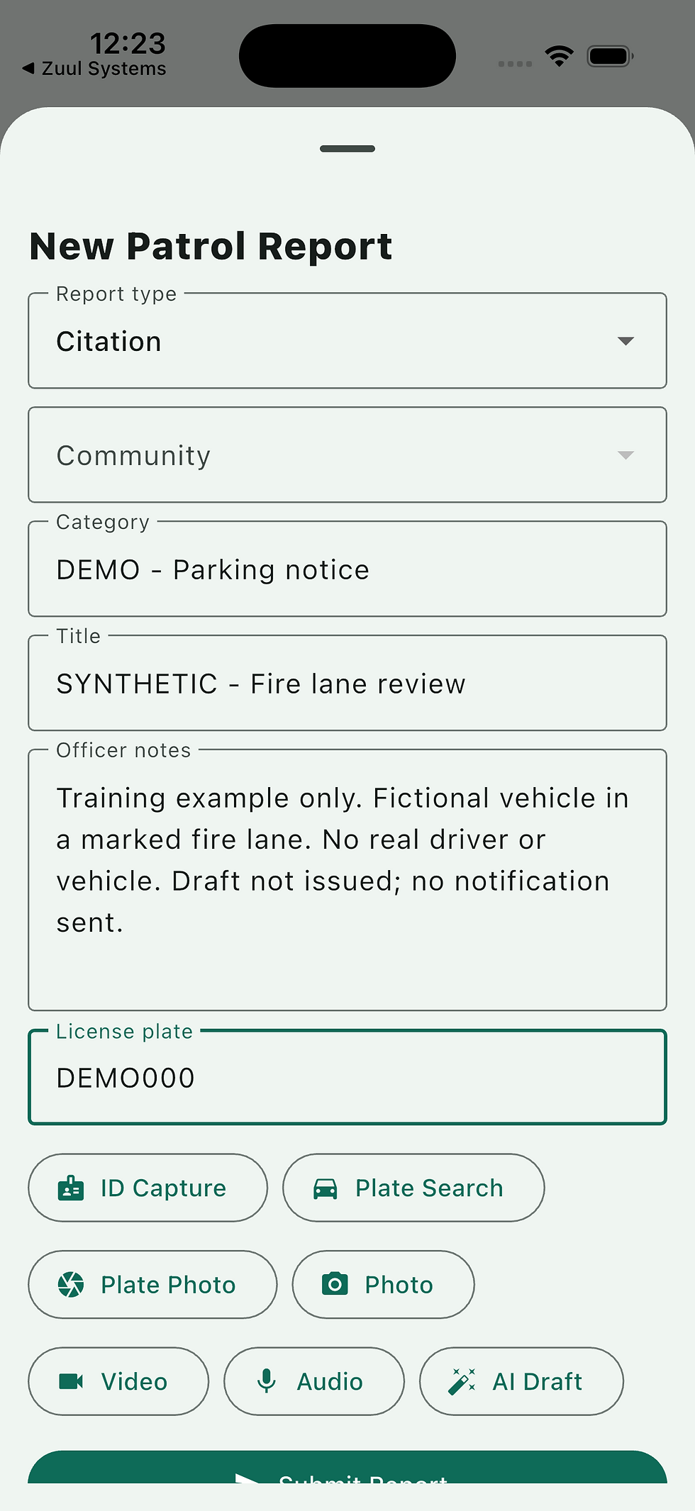 Sample citation report in the Centurion Patrol mobile app, with notes, vehicle information and photo, video and audio attachments.