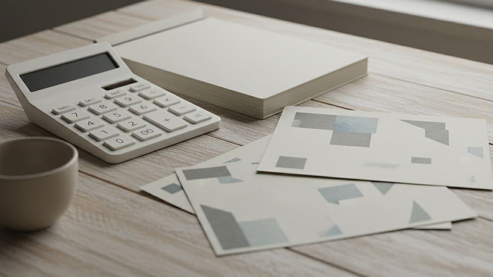 Close-up view of a calculator and financial documents on a wooden table