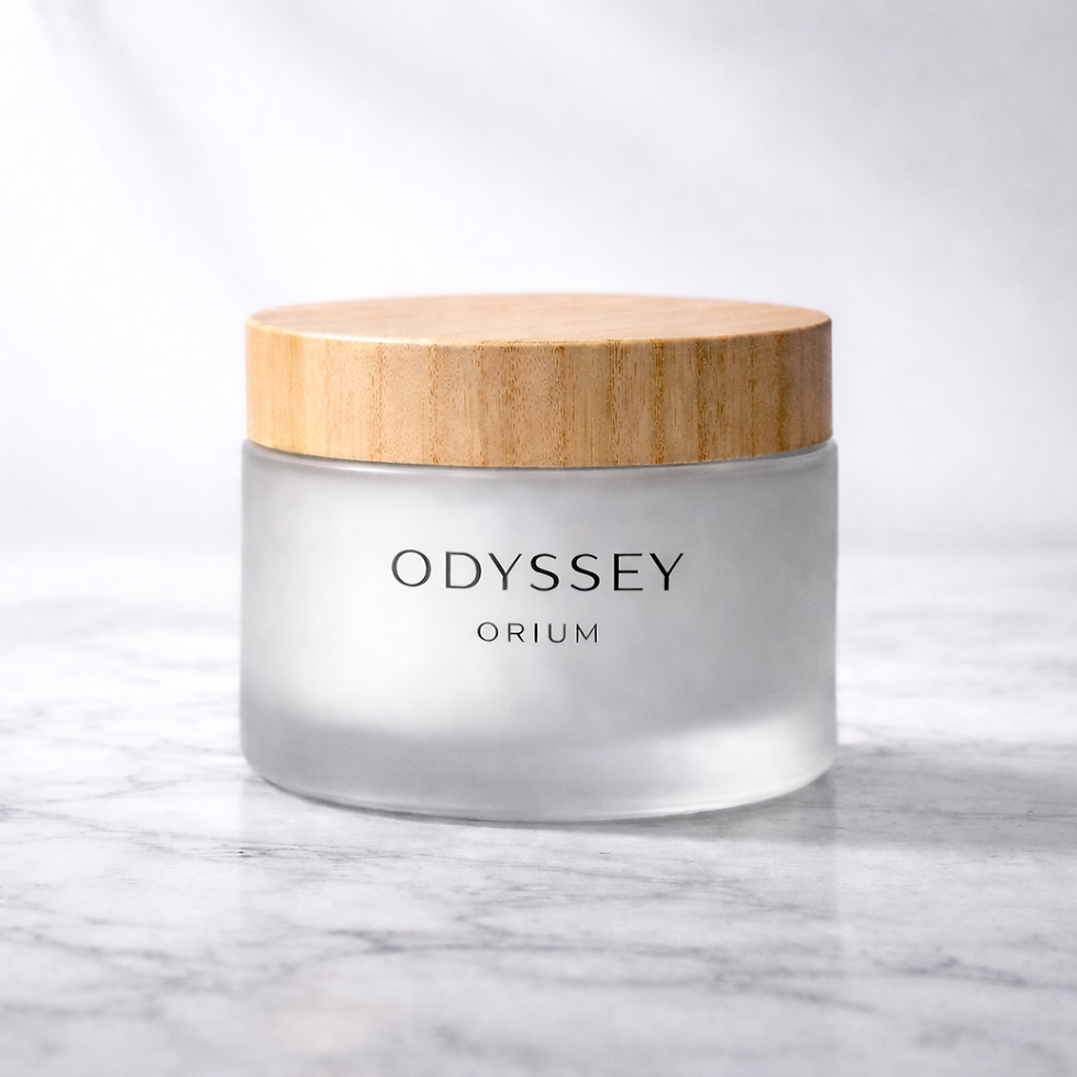 Frosted glass jar with wooden lid, labeled ODYSSEY ORIUM