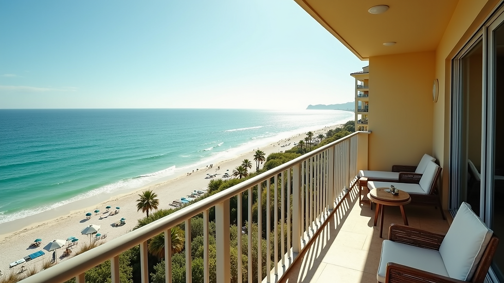 High angle view of a timeshare balcony overlooking a beach resort
