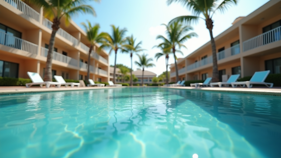 Eye-level view of a timeshare resort pool area with lounge chairs