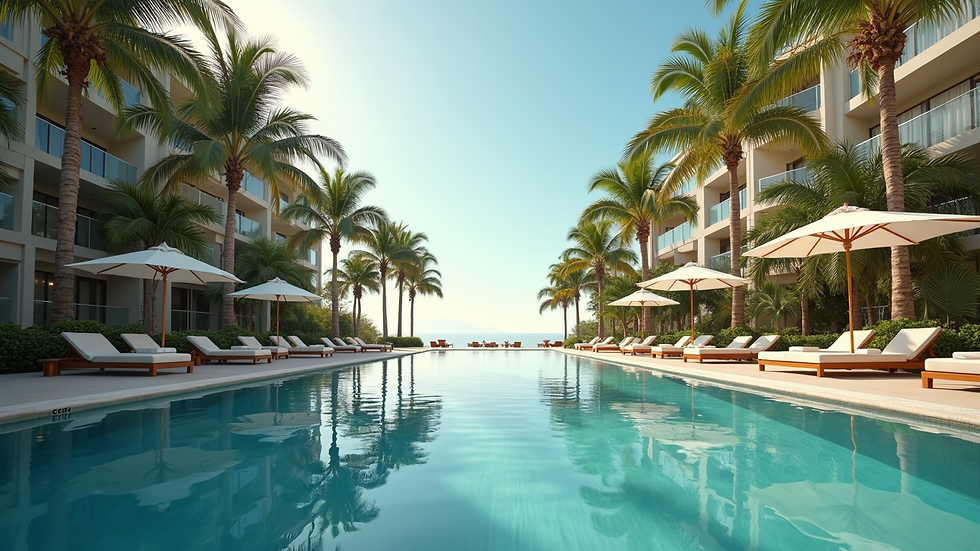 Eye-level view of a luxury resort pool area with palm trees