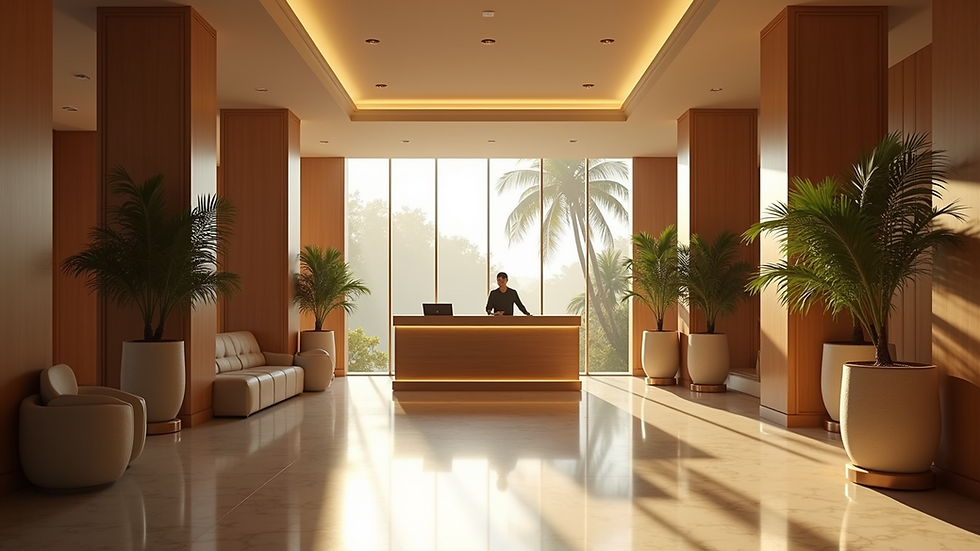 Eye-level view of a resort lobby with a reception desk