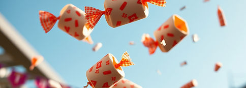 A picture of nicely wrapped sweets thrown into the air on a bright day.jpg