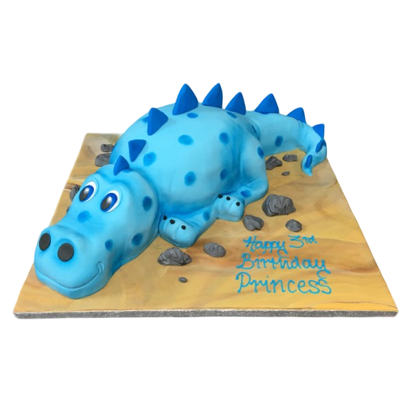 Bespoke cute dinosaur cake with green fondant and colorful spikes, perfect for celebration in Solihull, West Midlands.