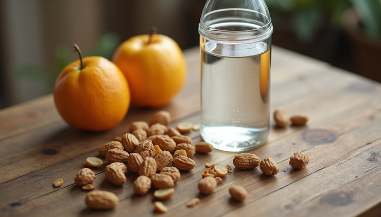 High angle view of a water bottle and healthy snacks on a wooden table