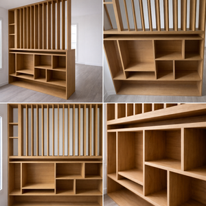 Wooden shelving unit with various compartments and slatted design.