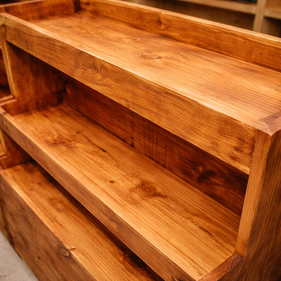 Wooden shelves with a smooth, polished finish.