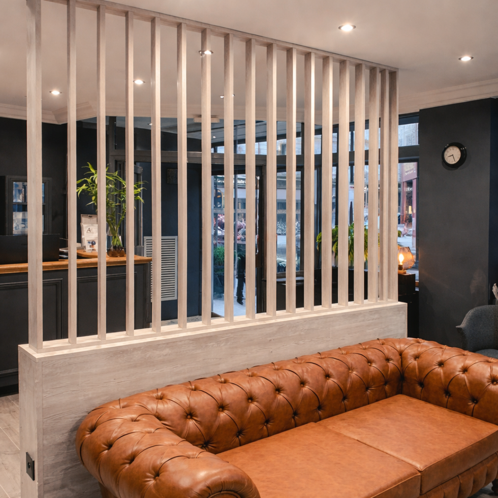 Modern interior with brown leather sofa and vertical slats.