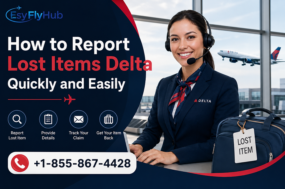 Delta agent with headset at airport desk beside a lost-item bag; poster says How to Report Lost Items Delta Quickly and Easily.