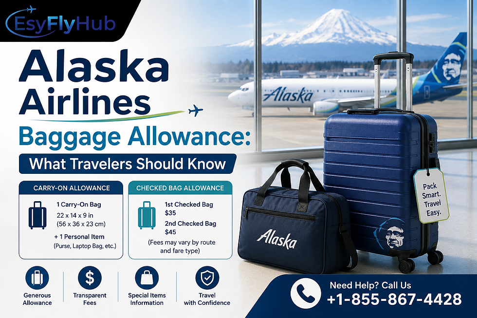 Alaska Airlines baggage allowance poster with blue suitcase and duffel at airport, snowy mountain, plane, fees and help number.