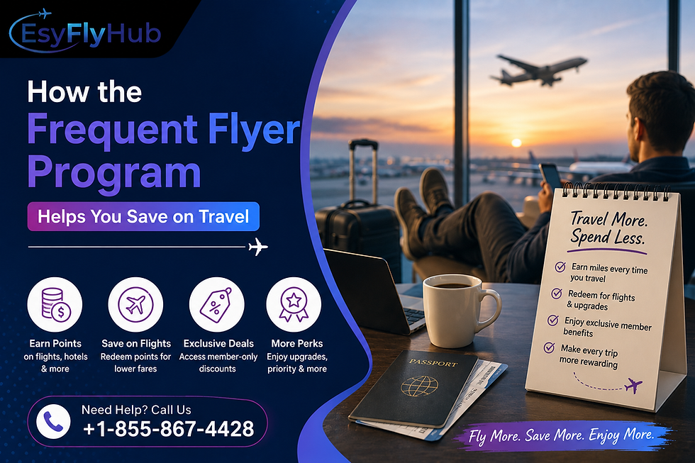 EsyFlyHub travel promo at airport sunset, with man on phone, plane overhead, passport, coffee, and text about frequent flyer savings