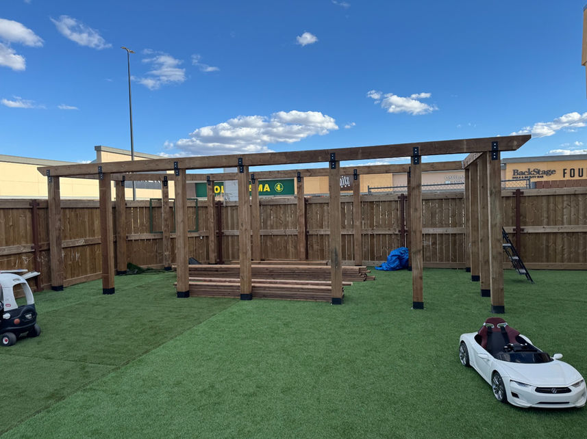 Pergola frame ready for roof beam installation in Edmonton