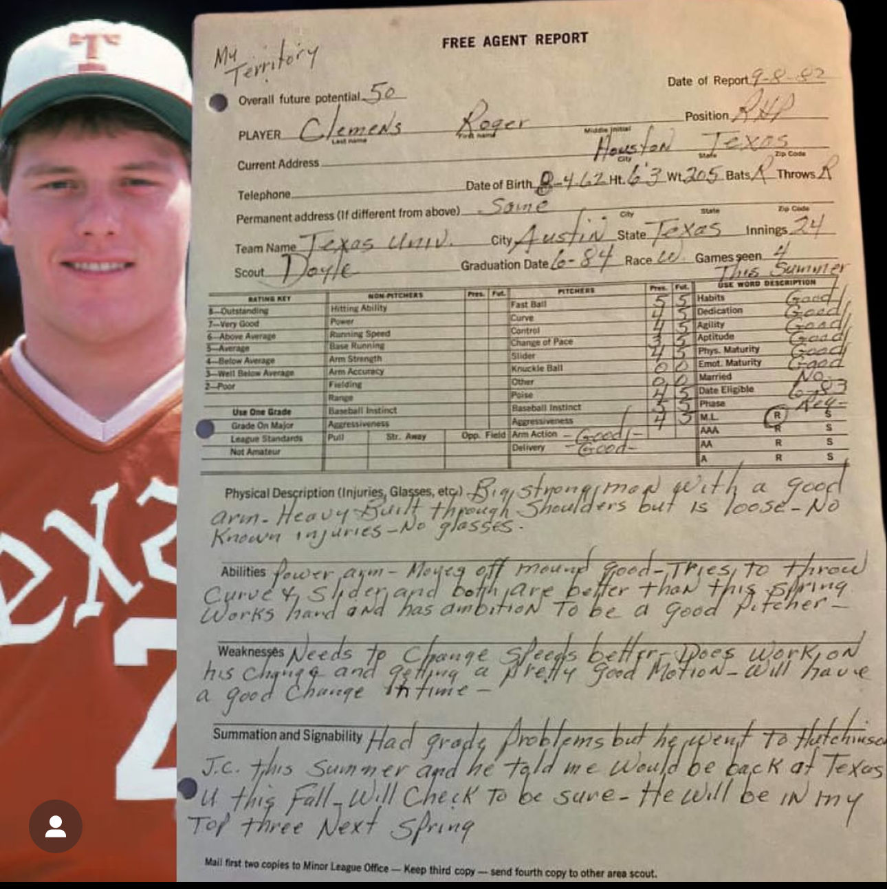 Roger Clemens 1982 University of Texas scouting report