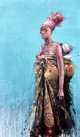 Emmanuel Michel peintre sculpteur peinture Femme Tswana Afrique australe Huile / acrylique sur toile Femme avec son bébé dans le dos