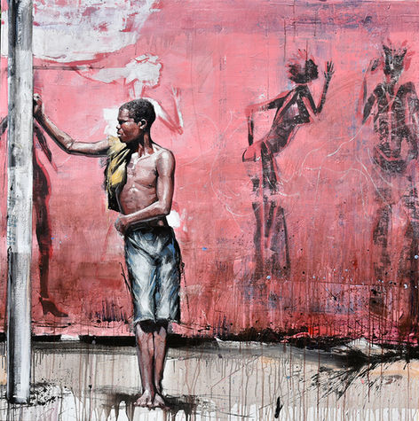 Emmanuel Michel peintre sculpteur peinture Jozi Afrique australe Huile / acrylique sur toile Homme devant un mur avec tags de Johannesburg Afrique du sud