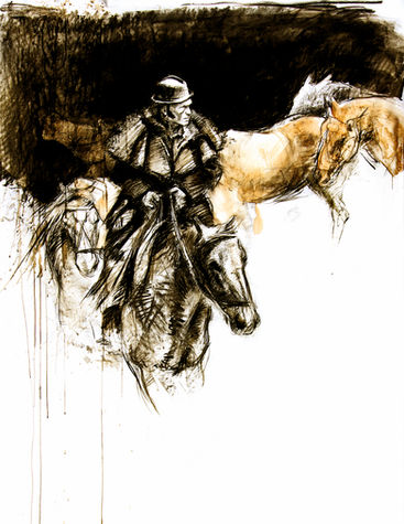 Emmanuel Michel peintre sculpteur dessin Bartabas dans le nuage Zingaro Crayon et encre sur papier Bartabas à cheval et chevaux