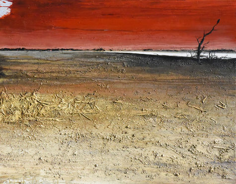 Emmanuel Michel peintre sculpteur peinture Eagle fish Afrique australe acrylique sur toile paysage du Botswana au ciel rouge avec un aigle perché sur un arbre