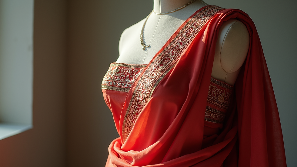 Eye-level view of embroidered saree draped on mannequin