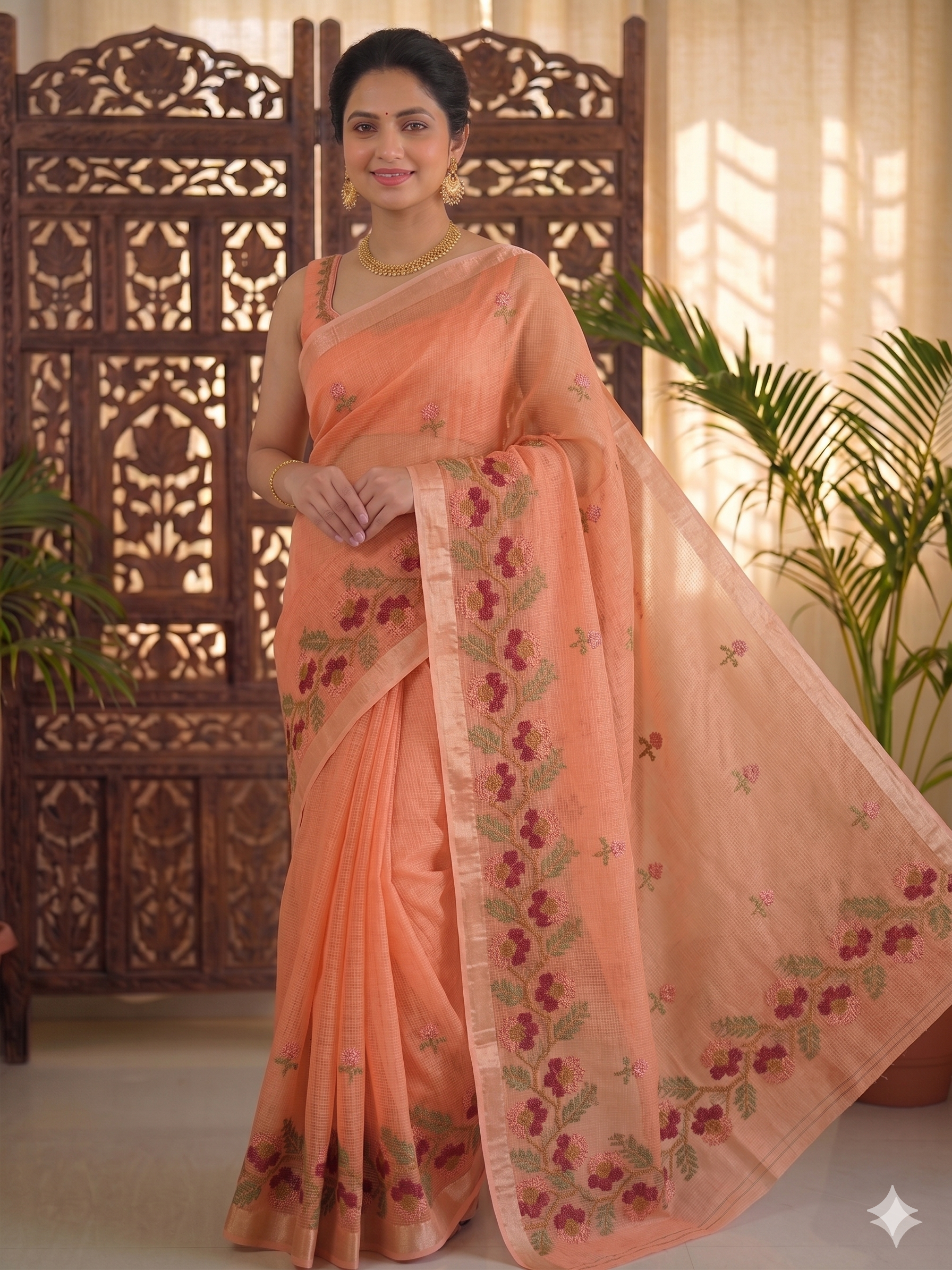 Kota Doria Embroidery Saree - Peach