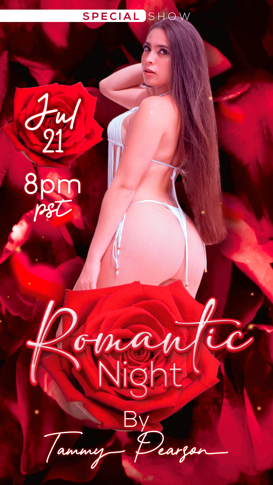 The vibrant webcam model, Tammy Pearson, poised in a captivating red dress, ready to bring the 'Black and White, Burlesque Night' to life.