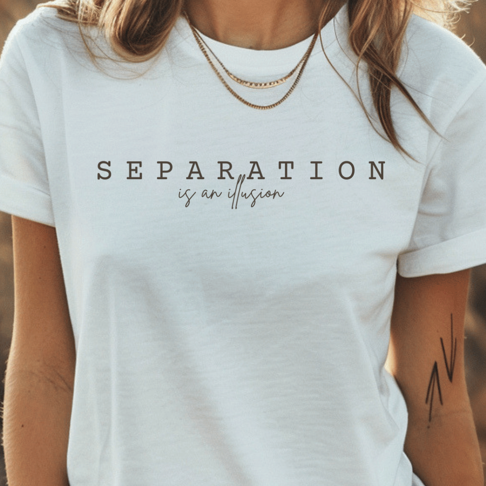 Woman wearing white The "Separation is an Illusion" Minimal Spiritual Awakening Shirt for Women by Visual Awakening Art