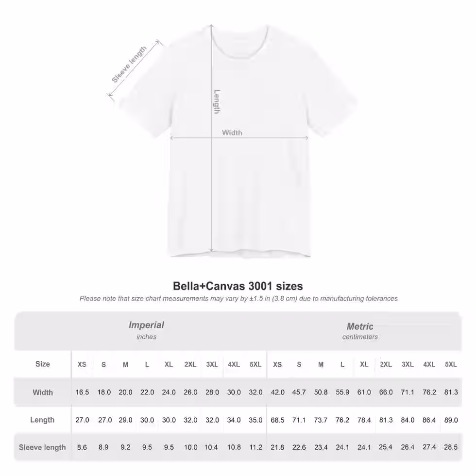 Bella Canvas 3001 t-shirt size chart