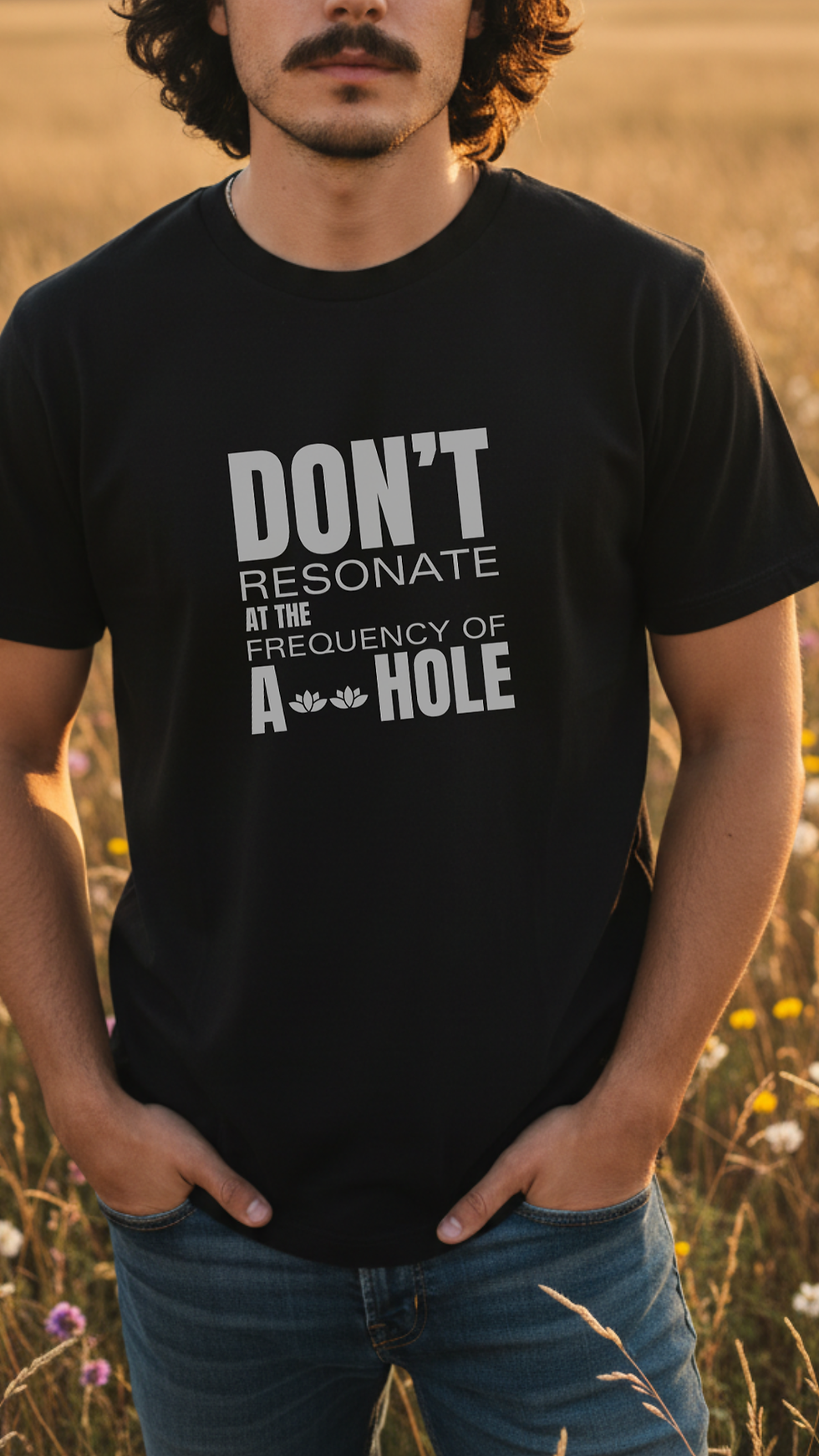 Man wearing black “Don’t Resonate at the Frequency of A-Hole” Funny Spiritual Shirt for Men