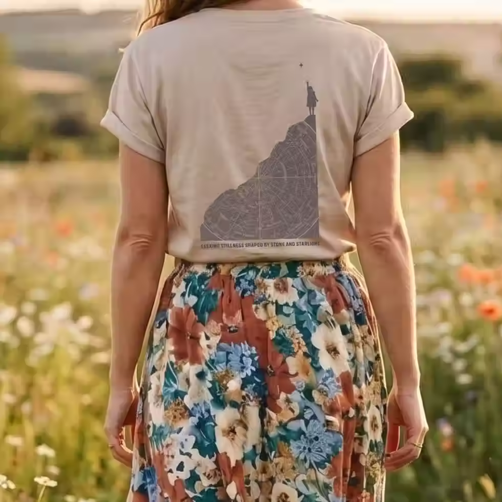 Woman wearing Seeking Stillness Shaped by Stone and Starlight Spiritual Awakening Shirt - back or shirt