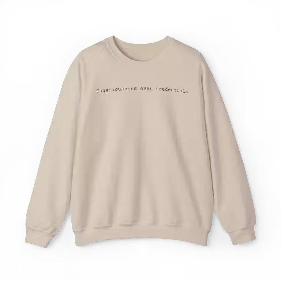 "Consciousness Over Credentials" Minimalist Spiritual Sweatshirt in sand by Visual Awakening