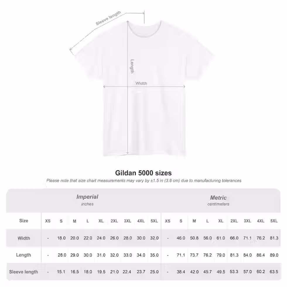 Gildan 5000 shirt size chart