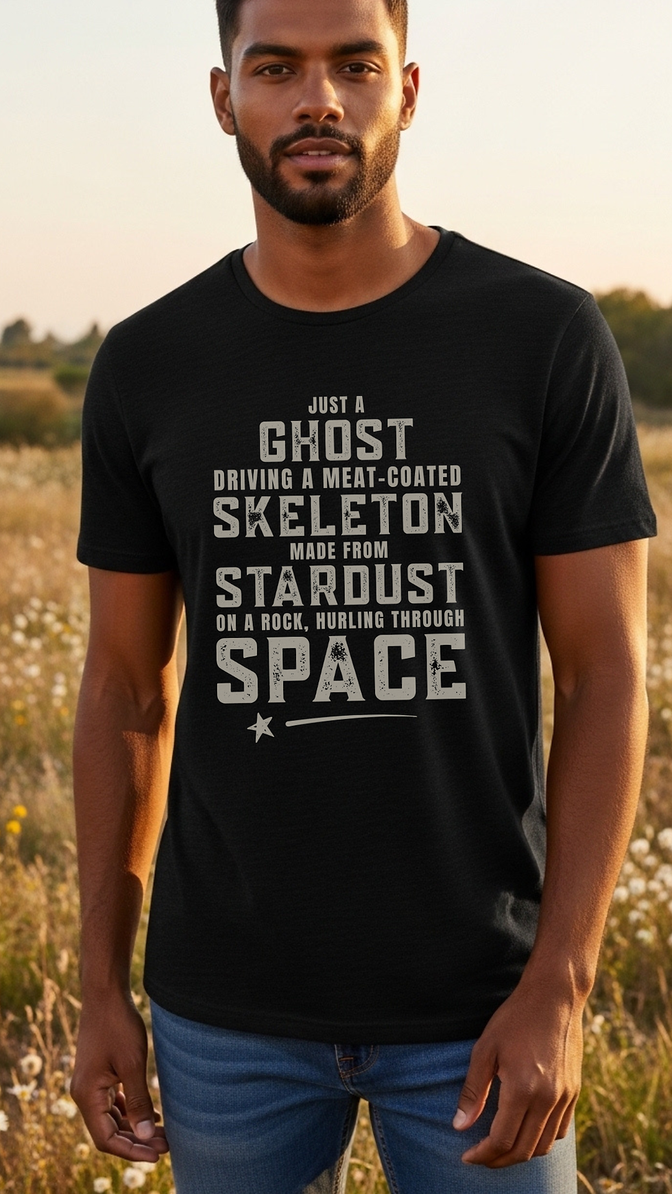 Man wearing black Humorous Cosmic Philosophical Minimalist T-Shirt for Men