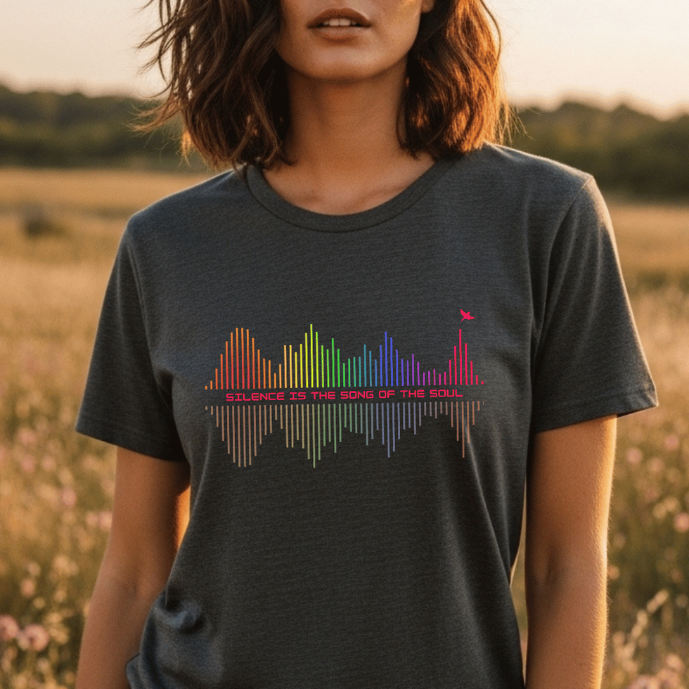 Woman wearing dark grey "Silence Is The Song of The Soul" Spiritual Shirt for Women