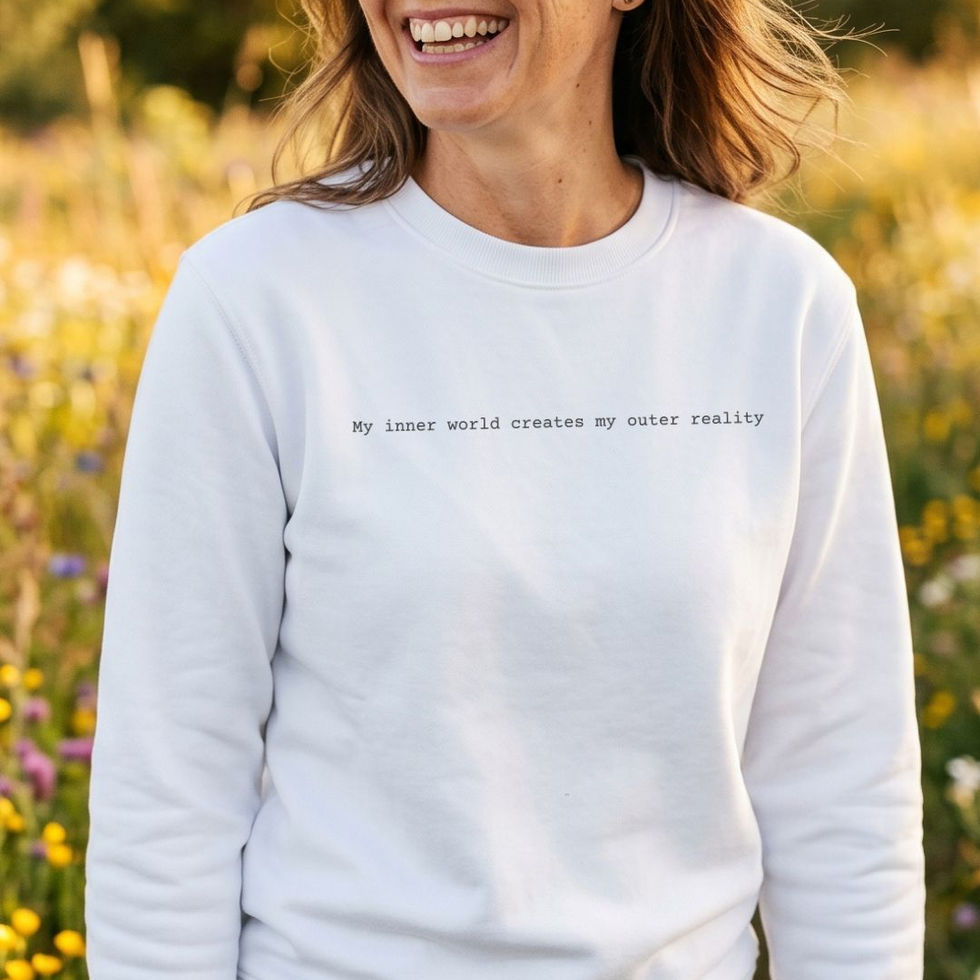 Woman wearing white My Inner World Creates My Outer Reality Minimalist Spiritual Sweatshirt by Visual Awakening Art