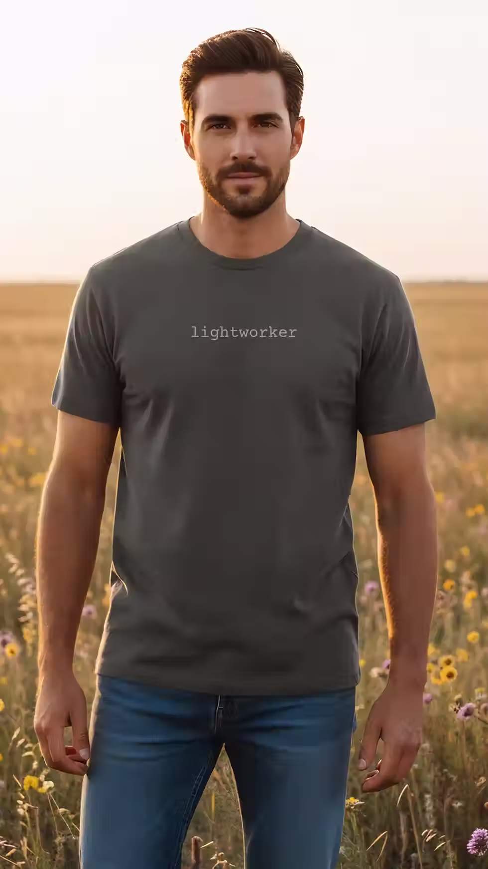 Man wearing minimalist text-based lightworker t-shirt in pepper with the word 'lightworker' small in the centre of chest