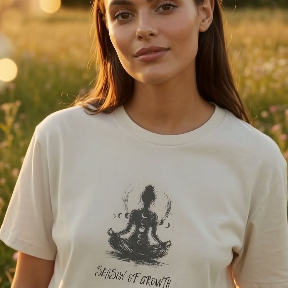 Ivory consciousness t-shirt for women featuring a artistic meditating figure surrounded by moon phases